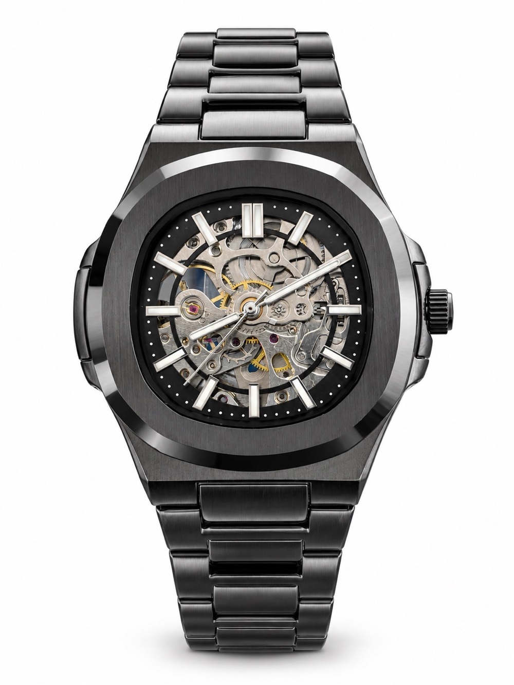 Men’s Black Gunmetal Skeleton Watch Open Work Dial Metal Bracelet